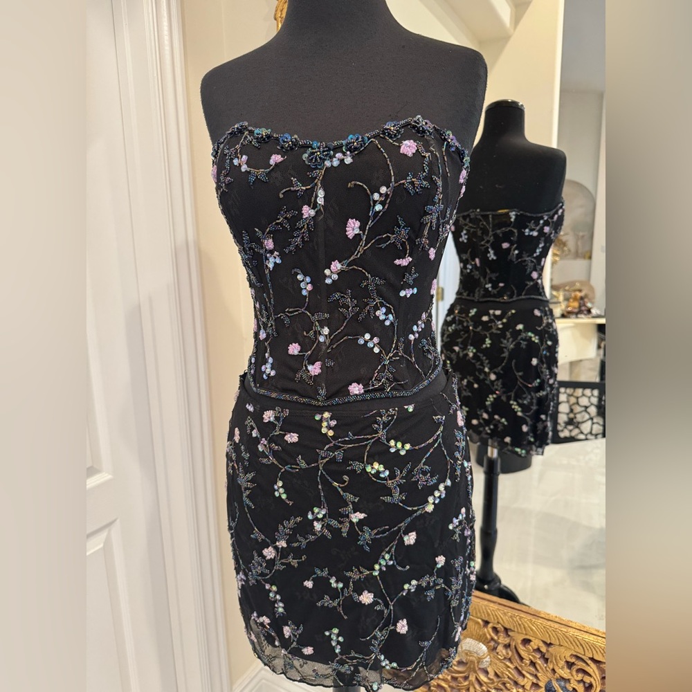 Elegant Black Floral hand beaded, and Embroidered top and skirt set.